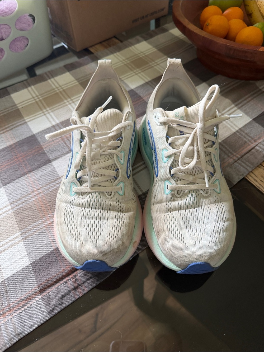 Brooks White Running Shoes with Blue and Mint Accents